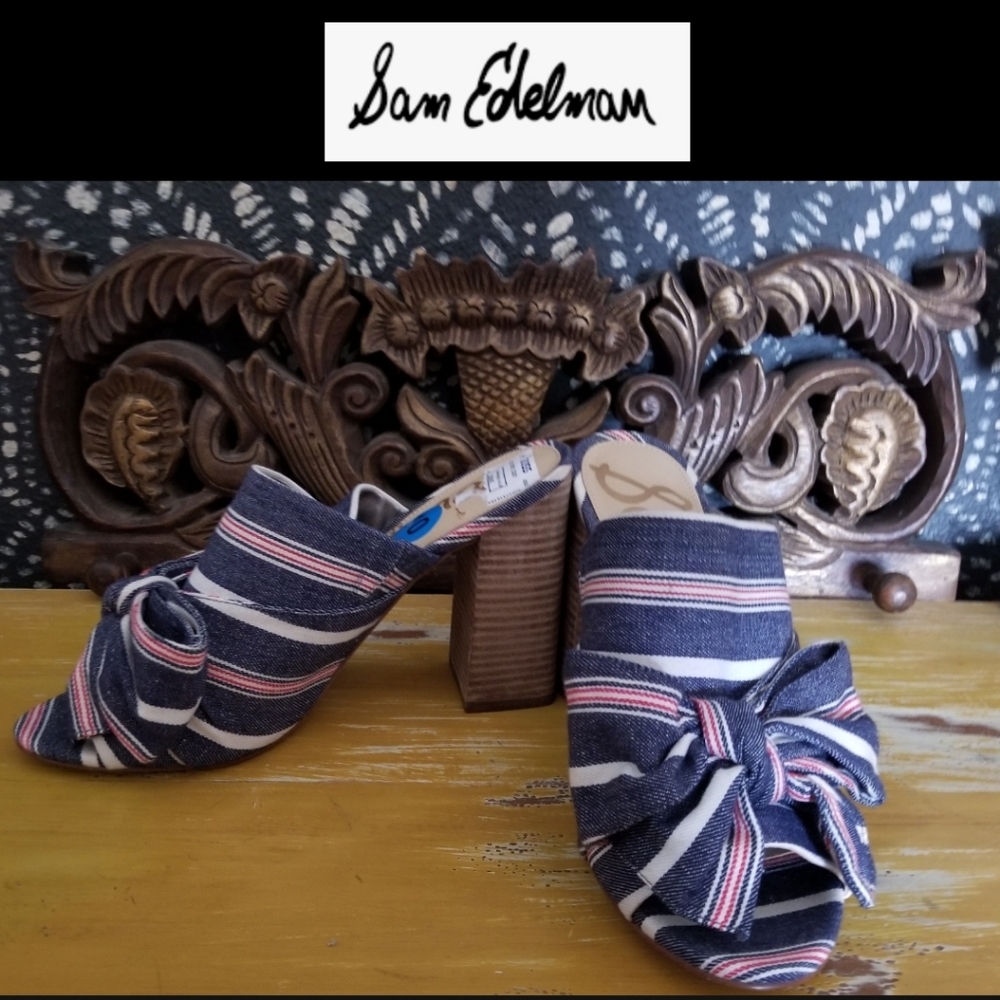 NWT/SAM EDELMAN Sandals YUMI Slip on Heels Denim Blue/Red Stripe Bow US 10